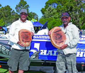 Team Stiffy Lures’ Chris Wright and Kaj Busch display their Champions trophies after taking a well-earned victory.